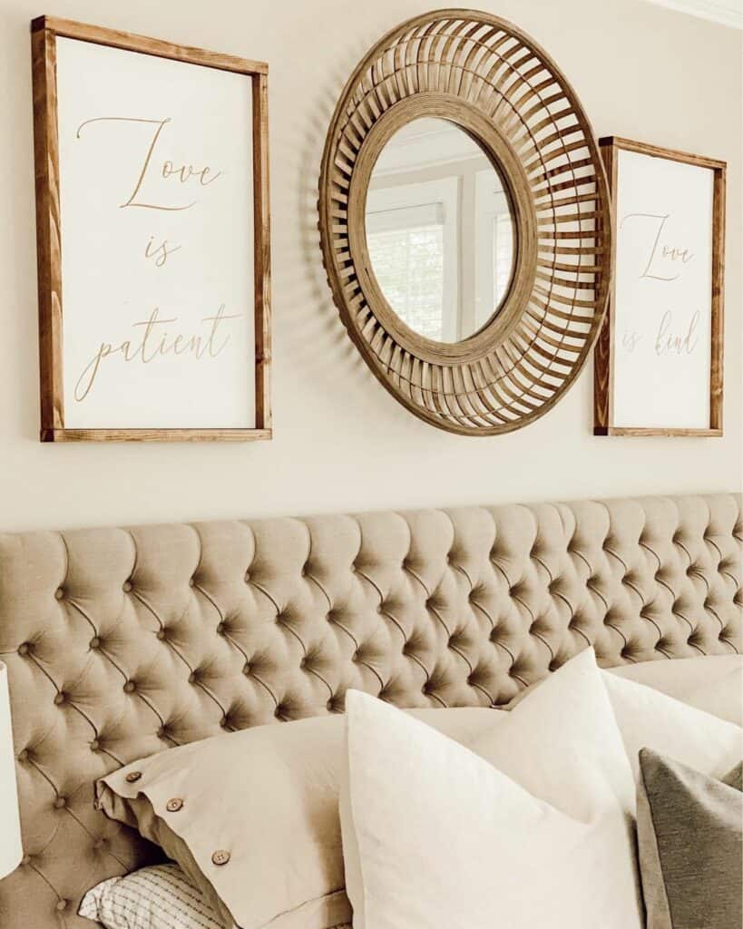Above Bed Décor With Round Rattan Mirror