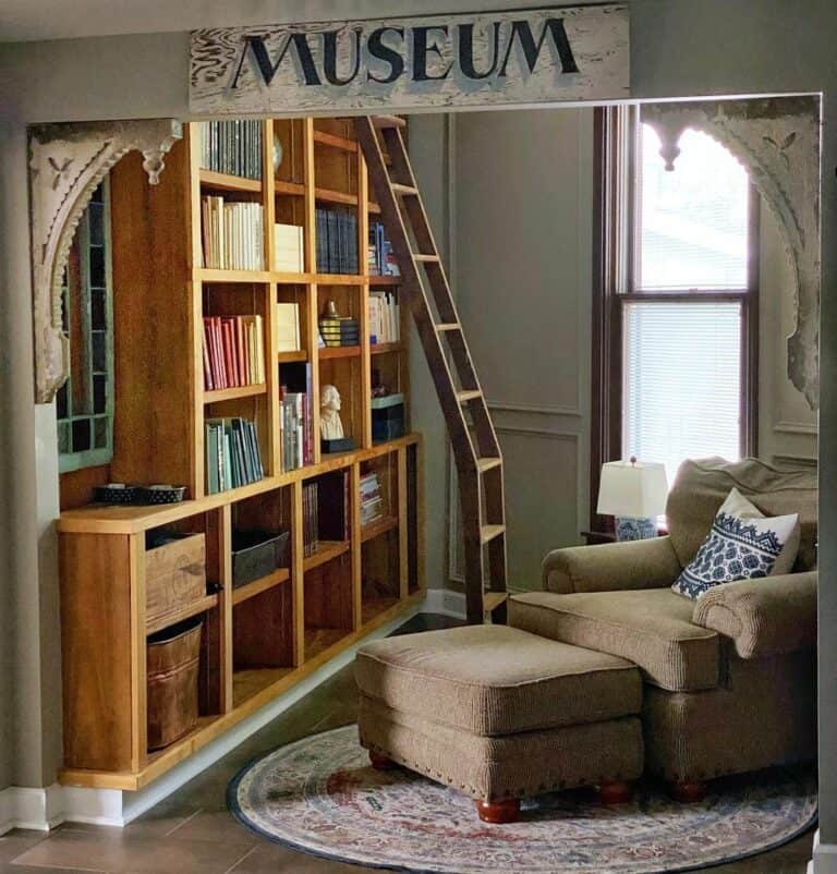 Antique Library With Stained Wood Book Shelves
