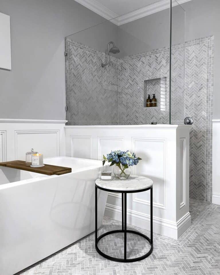 Bathroom Shower Ideas With Grey-toned Herringbone Patterned Wall