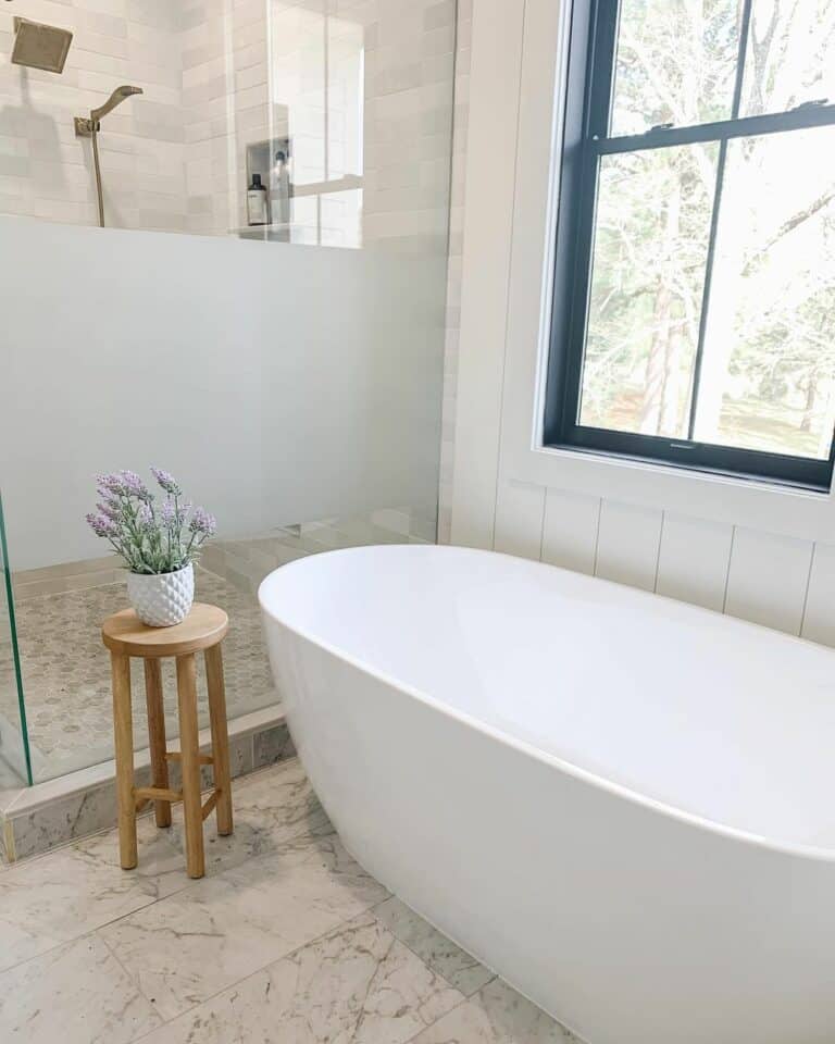 Bathroom Shower With Partially Frosted Glass Doors