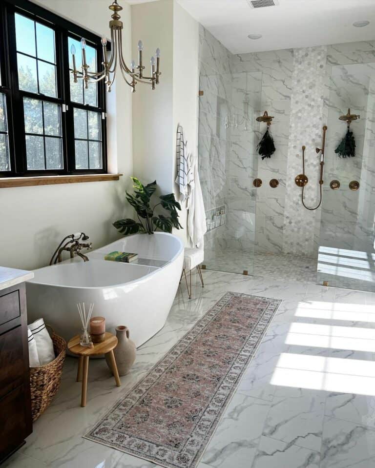 Bathroom With Free-standing Tub and Double Shower Area