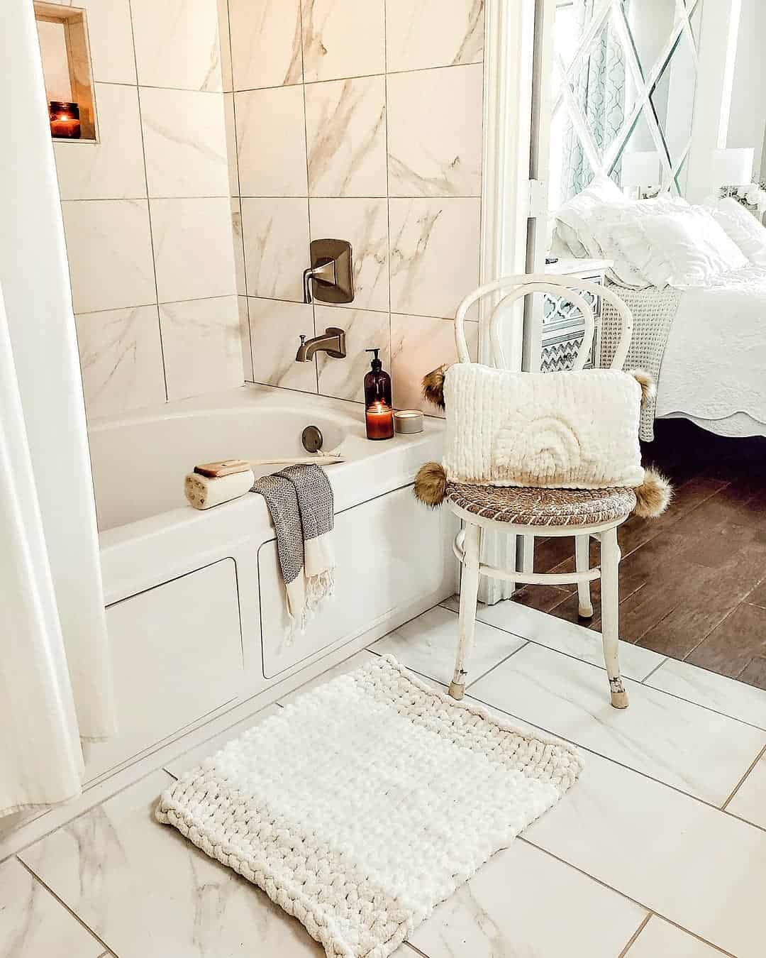 Bathroom With White and Gray Marble Tiles - Soul & Lane