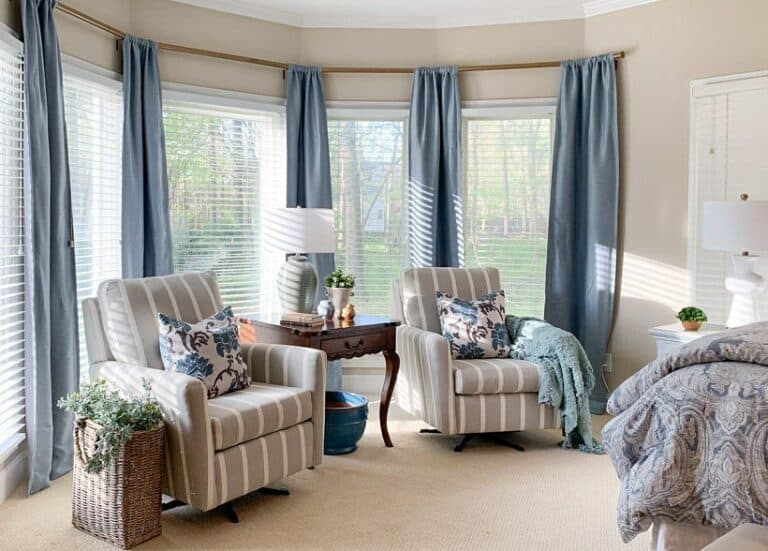 Bay Window Seating Ideas With Cerulean Curtains