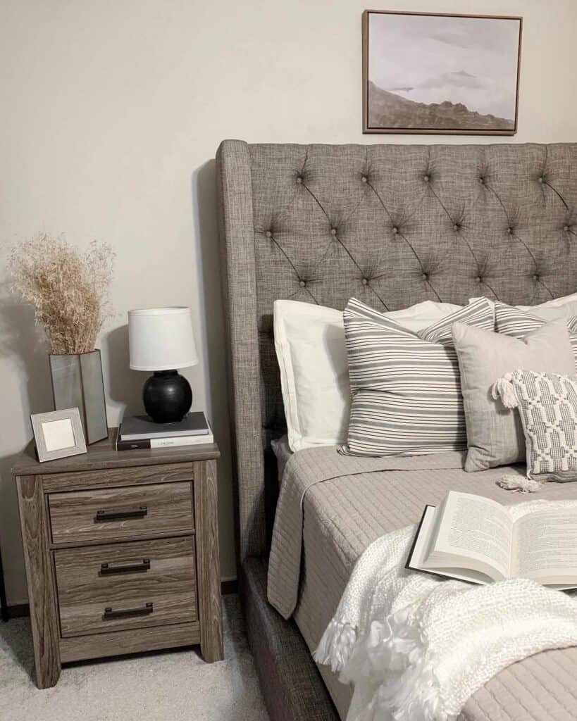 Bed With Grey Tufted Headboard