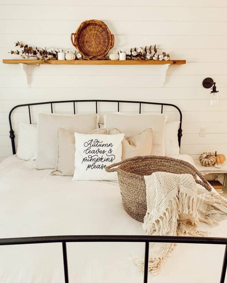 Bedroom Shelf With White and Tan Décor