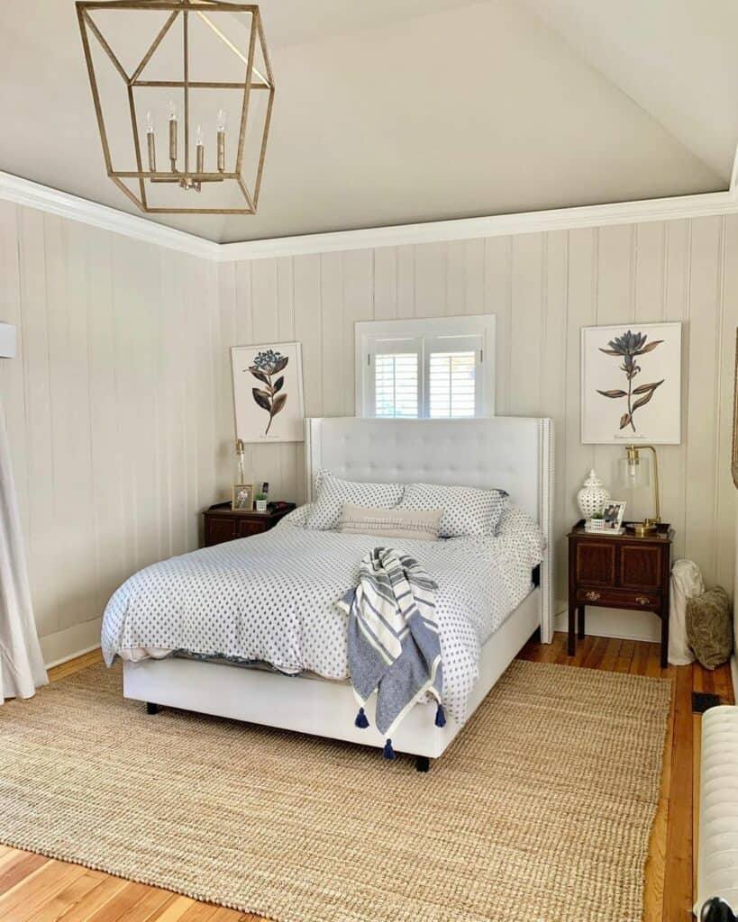 Bedroom With Beige Beadboard Paneling