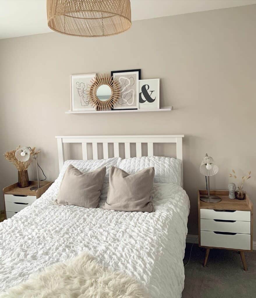 Beige Bedroom With Wood and White Nightstands