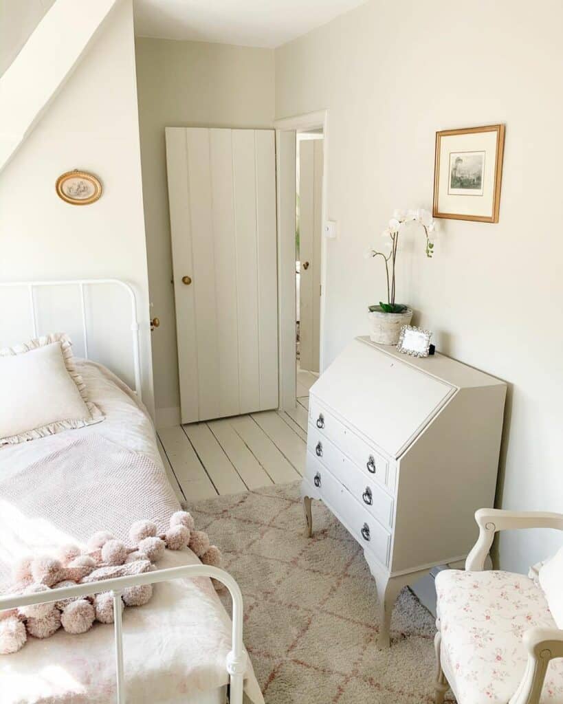 Beige Guest Bedroom With Antique White Dresser