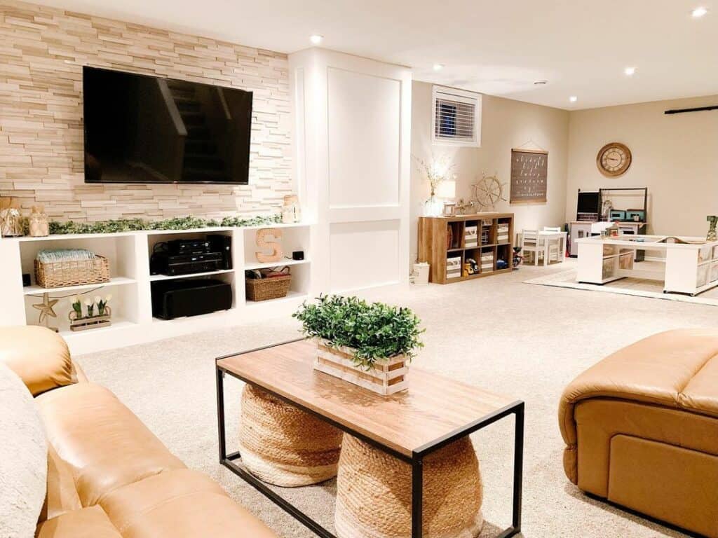 Beige Stacked Stone Entertainment Wall