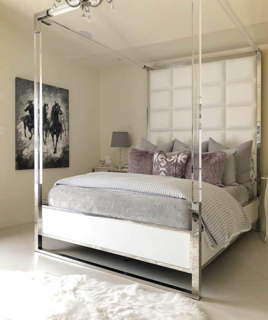 Beige and Grey Bedroom With Acrylic Canopy Bed