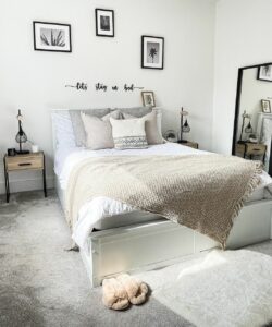 Beige and Grey Bedroom With White Bedframe