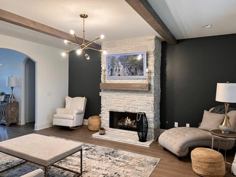Black Accent Wall With White Stone Fireplace