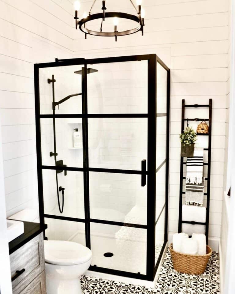 Black Accents in Pristine White Bathroom