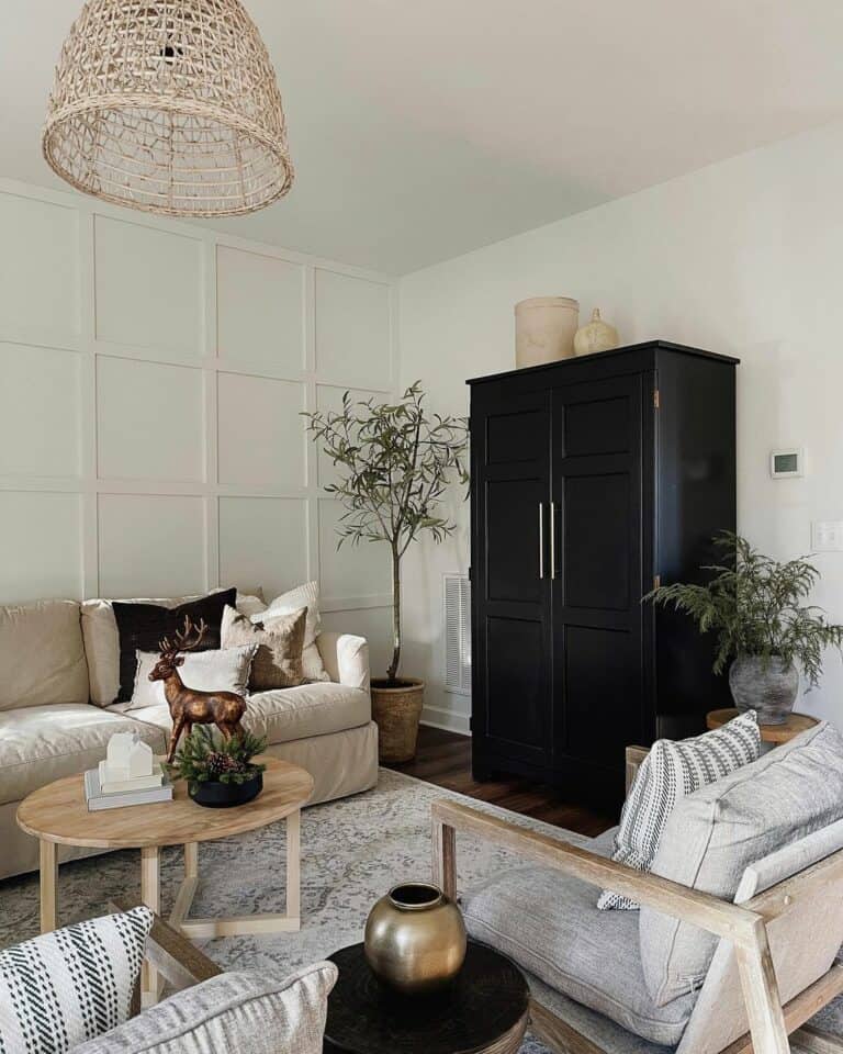 Black Armoire in White and Wood Living Room