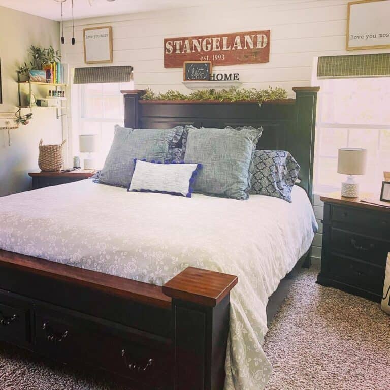 Black Bed With Wood Trim Matches Nightstands