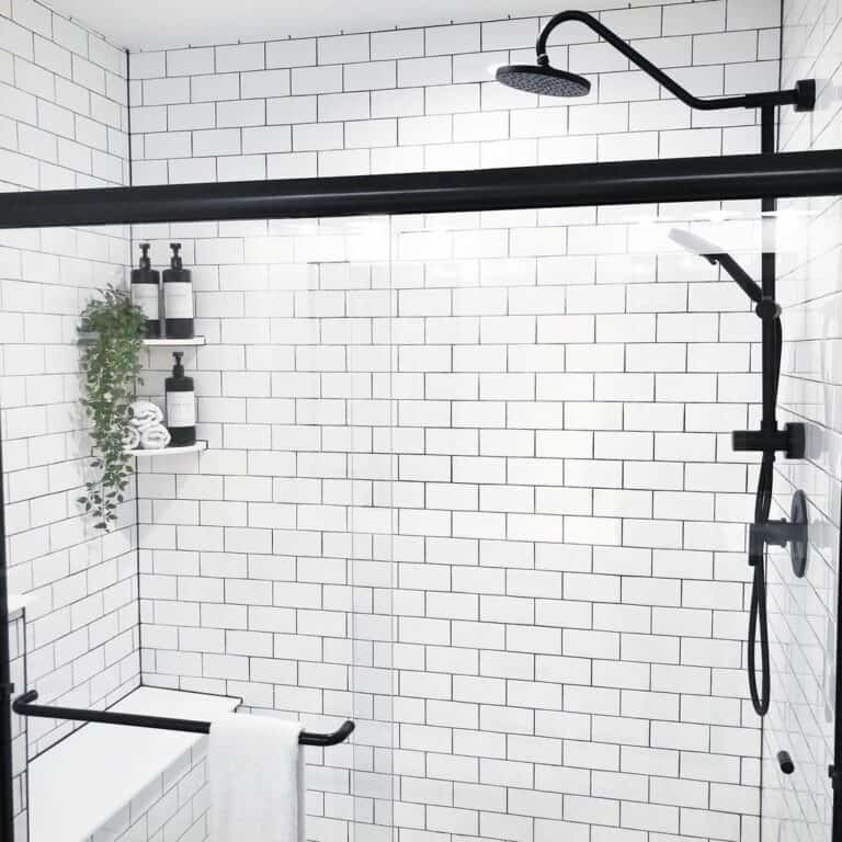 Black Bottles in a Modern White Shower