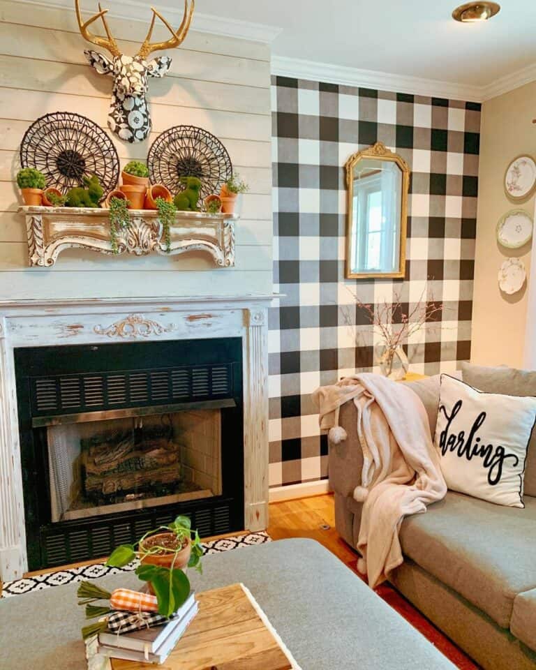 Black Buffalo Plaid Wall With White Shiplap Fireplace