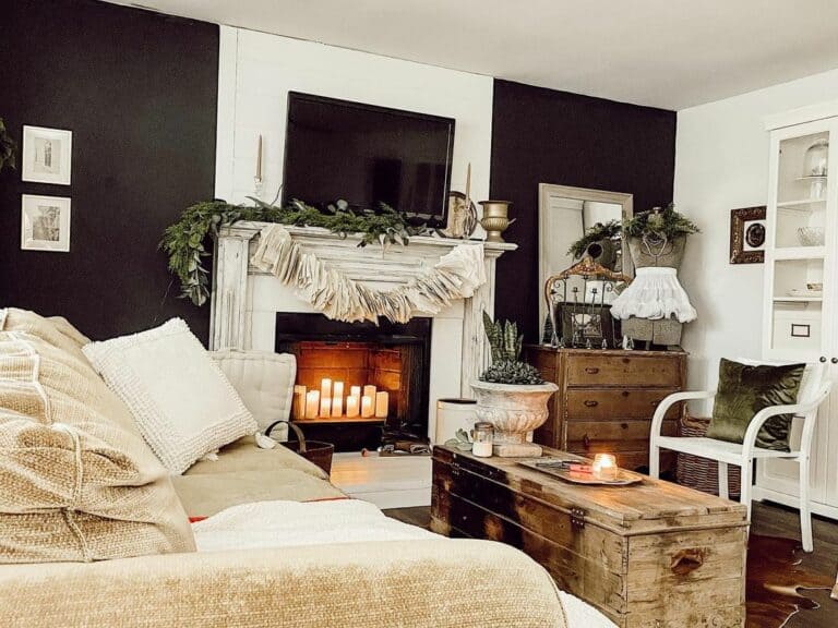 Black Living Room Accent Wall With White Fireplace