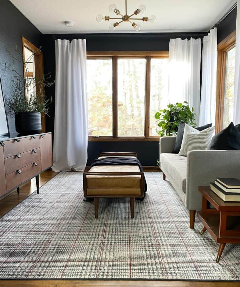 Black Living Room With Gray Plaid Rug