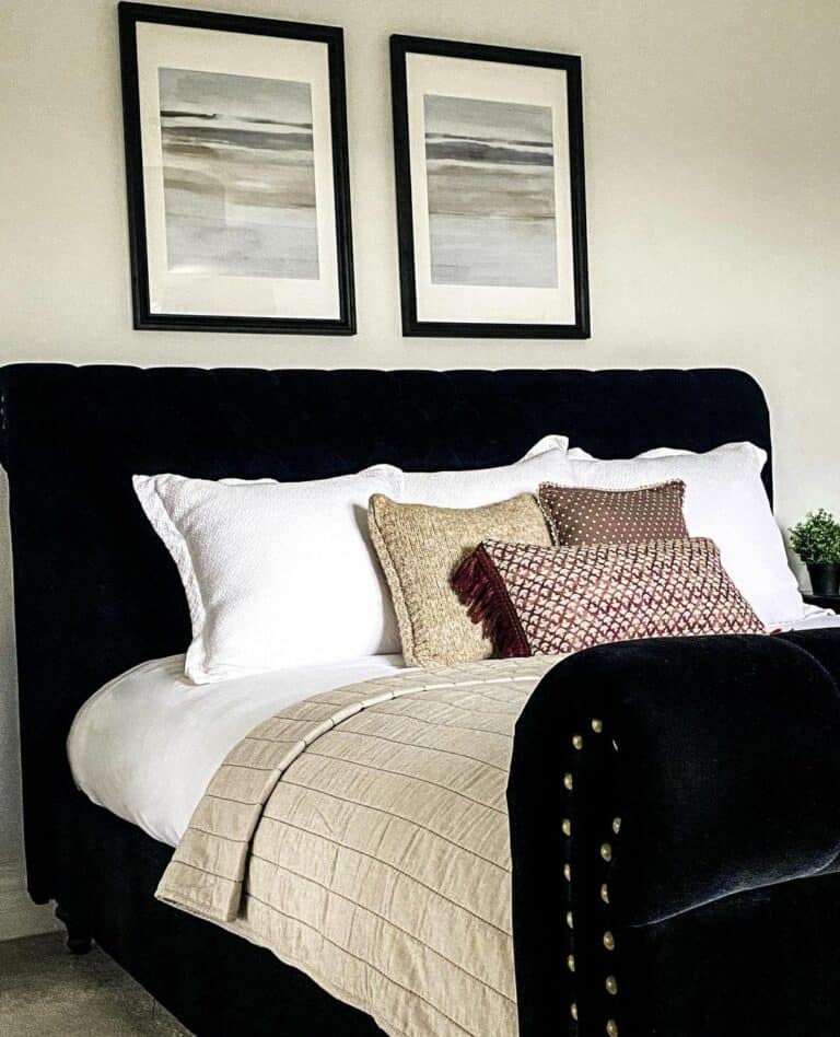 Black Sleigh Bed Features Neutral Bedding