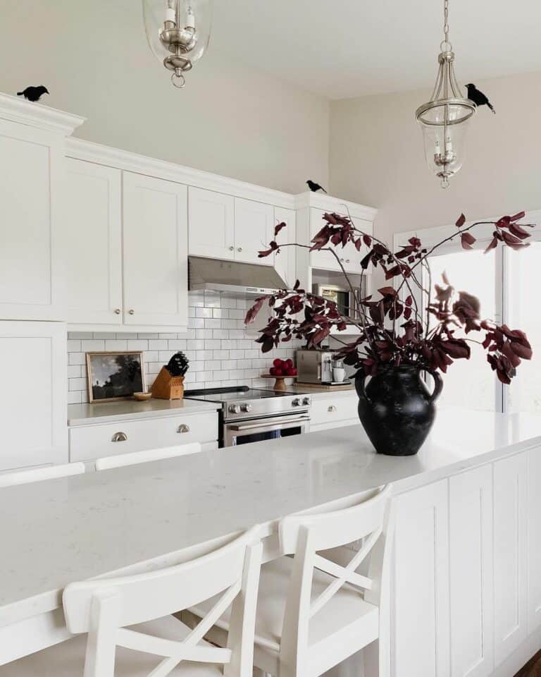 Black Vase Centerpiece for a White Farmhouse Kitchen