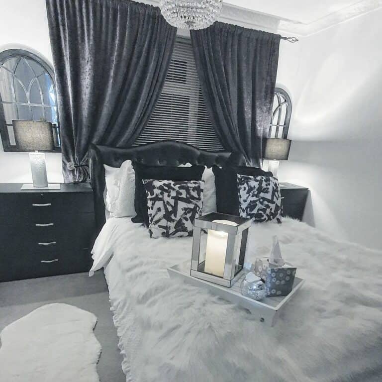 Black and White Bedroom With Black Curtains