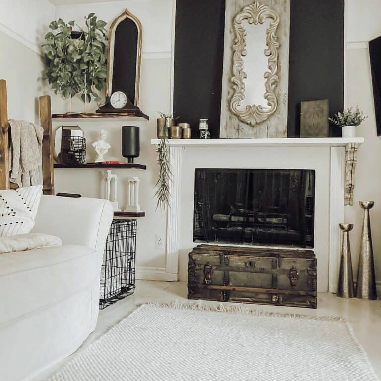 Black and White Living Room With Ornate Mirror