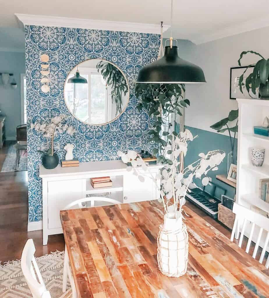 Blue Accent Walls With Rustic Wooden Table