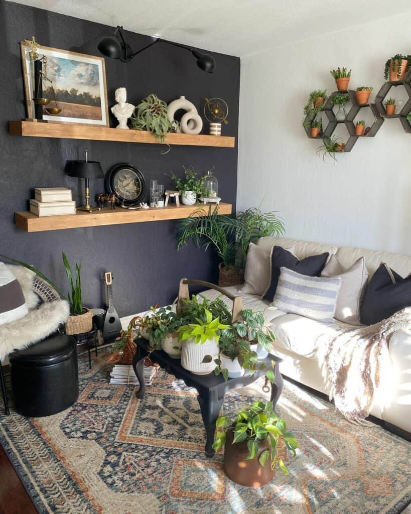 Blue Feature Wall With Wood Floating Shelves