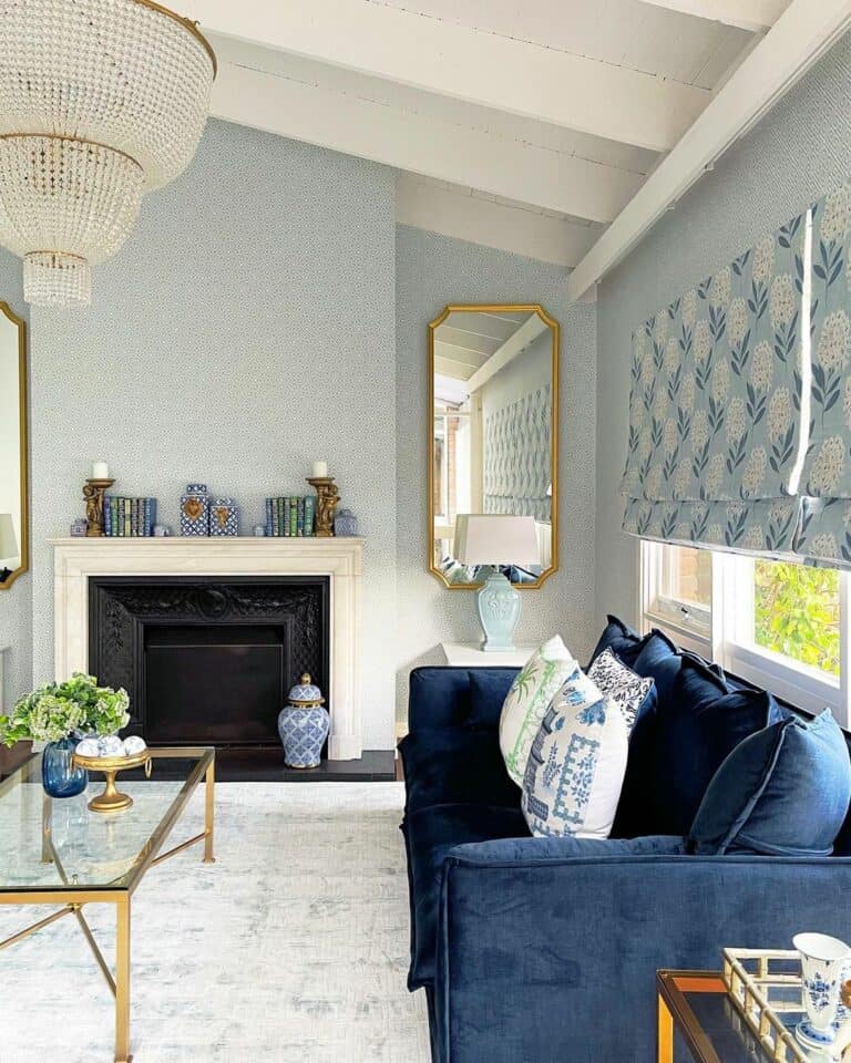 Blue Living Room Showcases Brass Accents