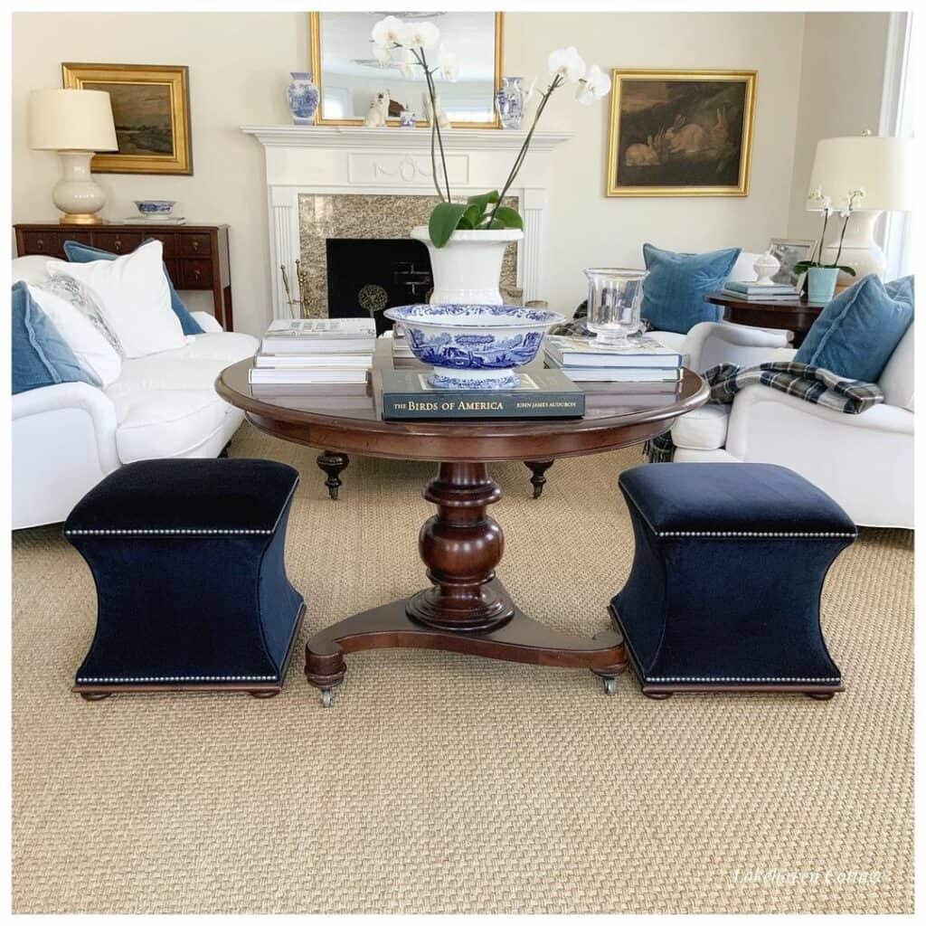 Blue and White Living Room With Round Oak Table