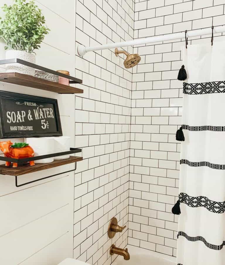 Bohemian-inspired Shower Curtain for a Small Farmhouse Bath