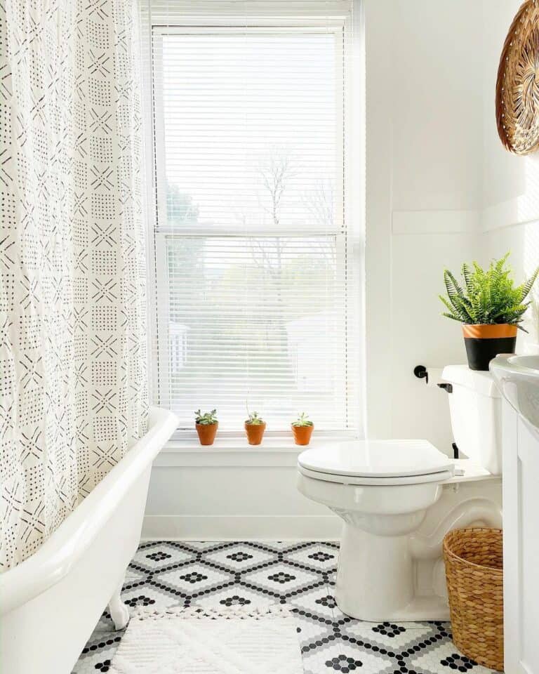 Boho Bathroom With Patterned Shower Curtain