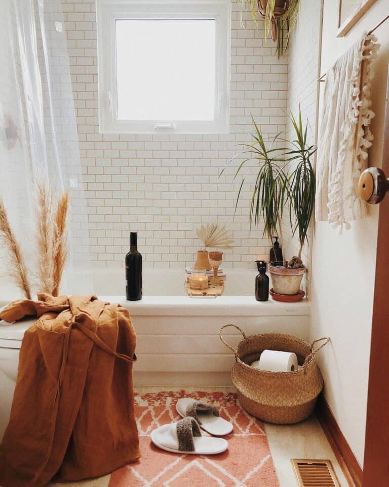 Boho Bathroom With White Subway Tile Shower