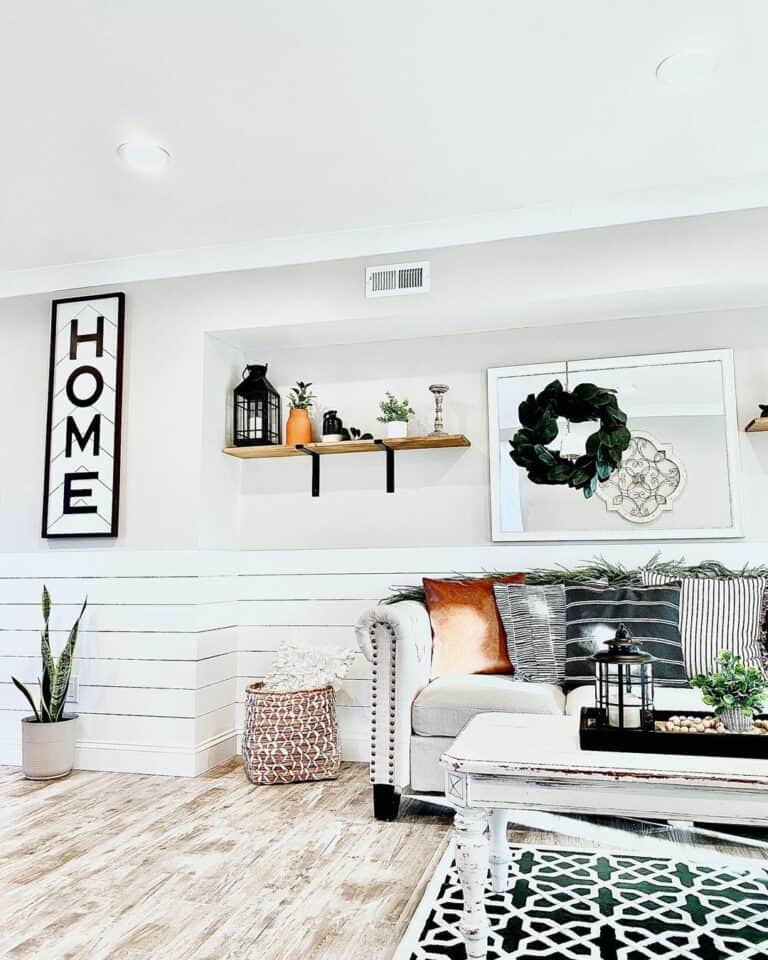Boho Farmhouse Living Space With Black and White Accents