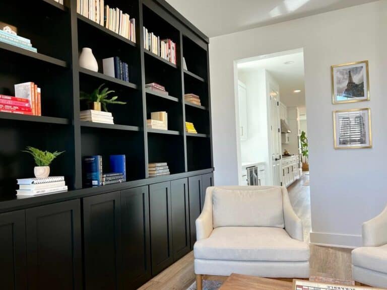 Bold Black Wall-to-Wall Bookcase for a White Office Space