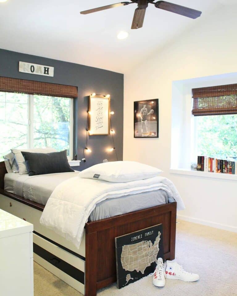 Boy's Bedroom With Gray Accent Wall