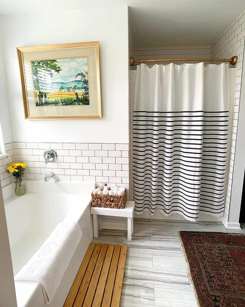 Brass Shower Rod With a Striped Curtain
