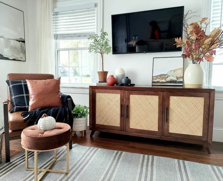 Brown Leather Living Room Chair With Velvet Ottoman