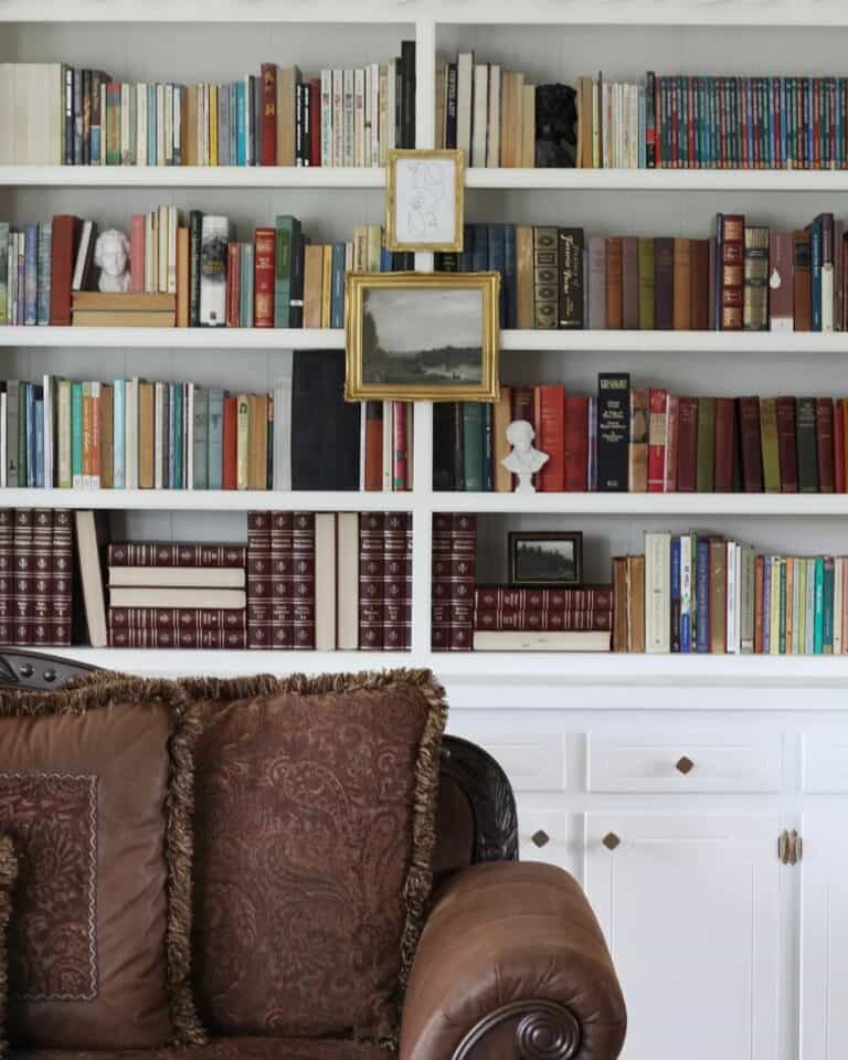 Brown Leather Sofa and Closed Cabinet Storage