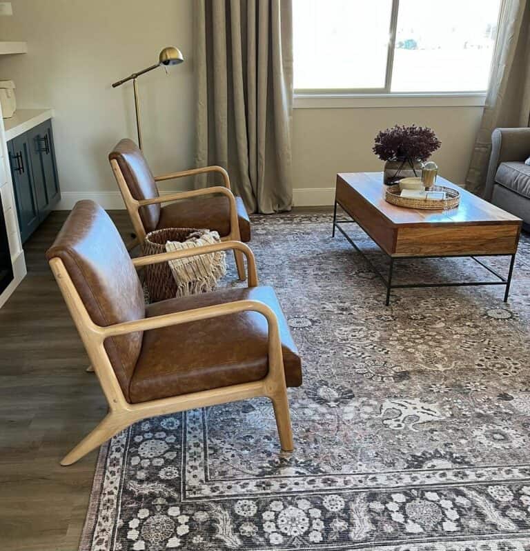 Brown Leather and Wood Living Room Chairs