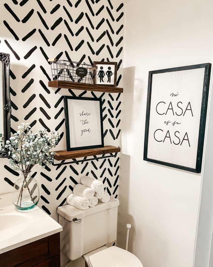 Chevron Accent Wall With Wood Shelves