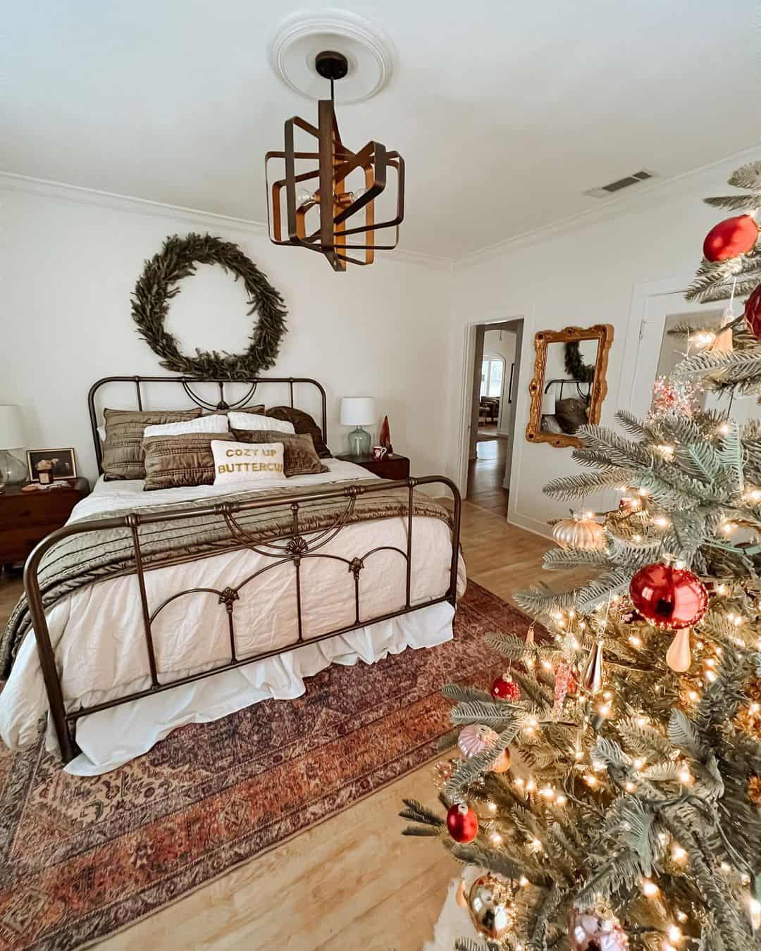 Christmas Wreath Above Bronze Spindle Bed Soul & Lane