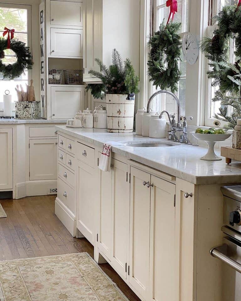 Christmas-themed Farmhouse Cream Kitchen Cabinets