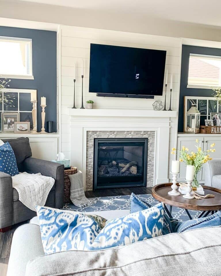 Coastal-style Living Room With Stone Fireplace