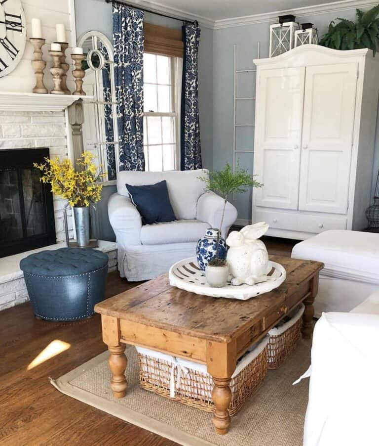 Cottage-inspired Living Room With Stone Fireplace