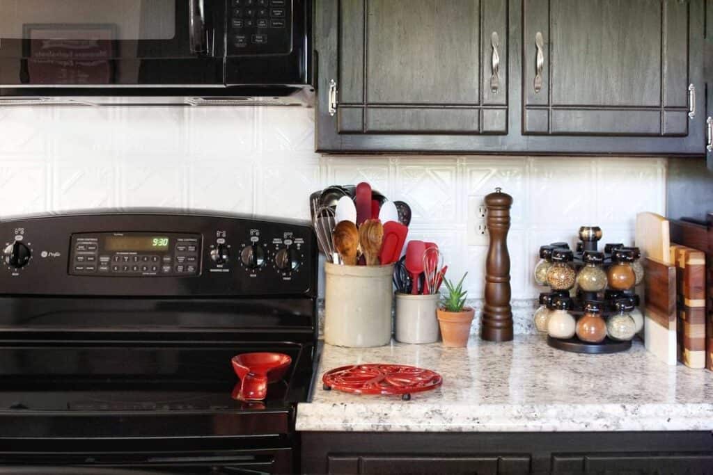 Countertop Storage and Black Appliances