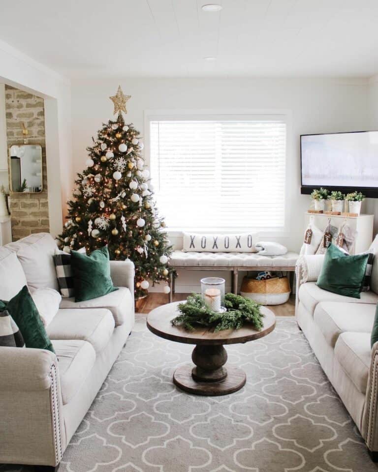 Cozy Farmhouse Living Room With Matching Neutral Sofas