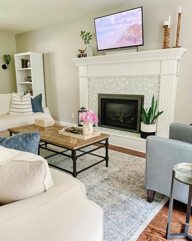 Cream Living Room Walls With White Fireplace