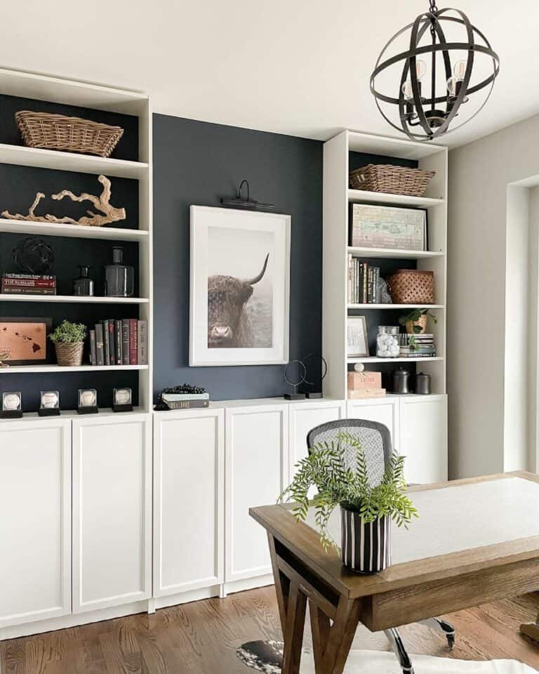 Dark Gray Accent Wall With White Built-in Shelves